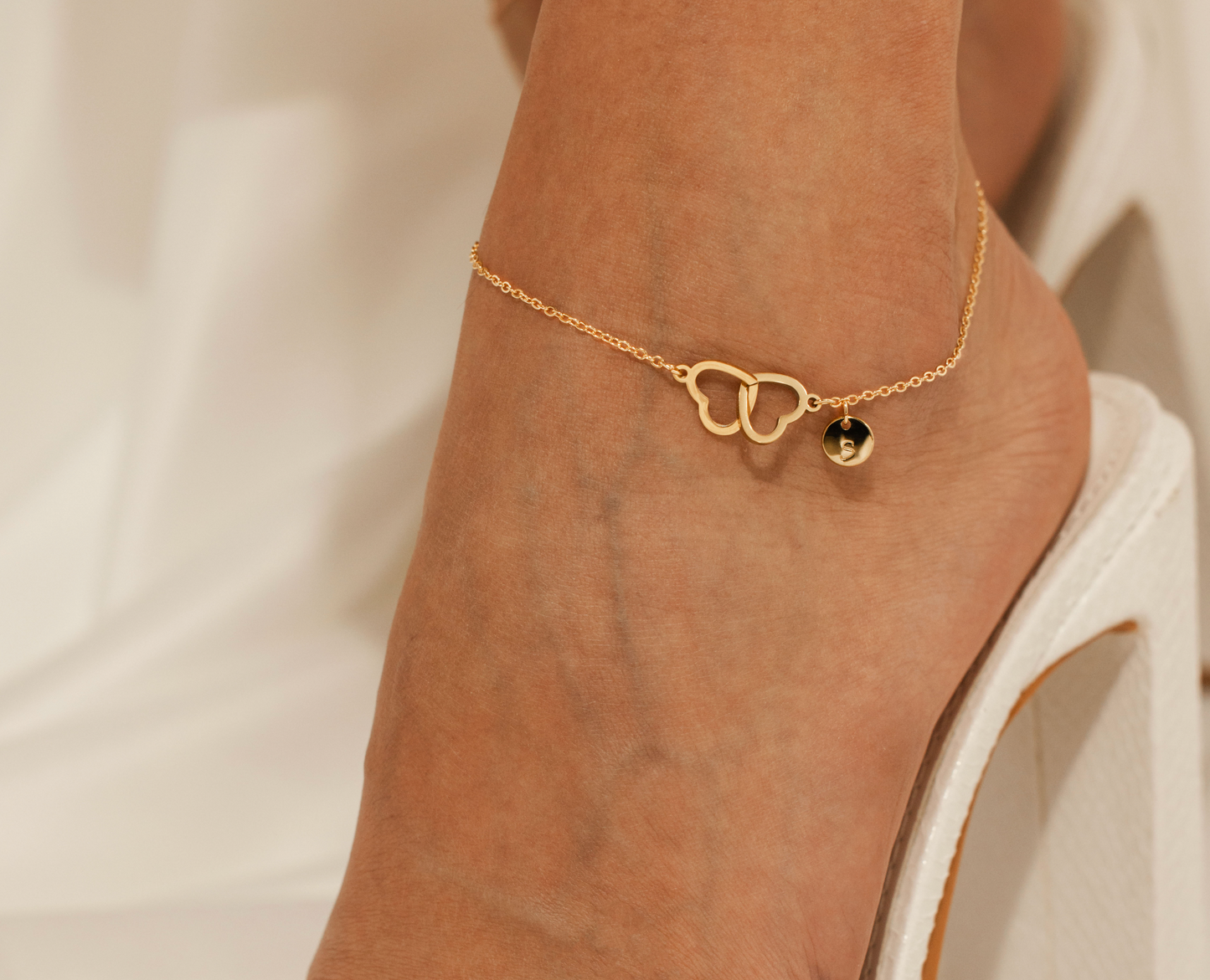Personalized Two Hearts Anklet with Hand stamped initial engraving