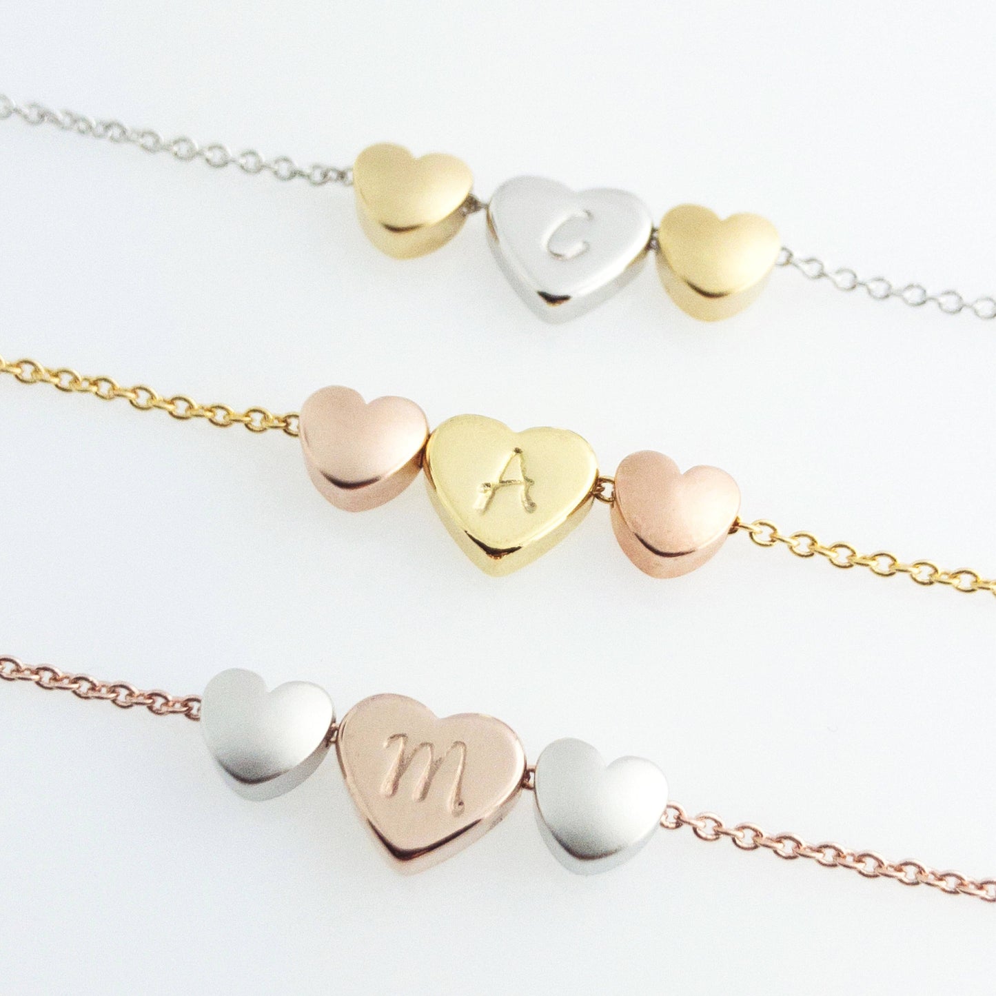 Triple Heart Initial Necklace - 16k Gold Plated, dainty Heart Charm