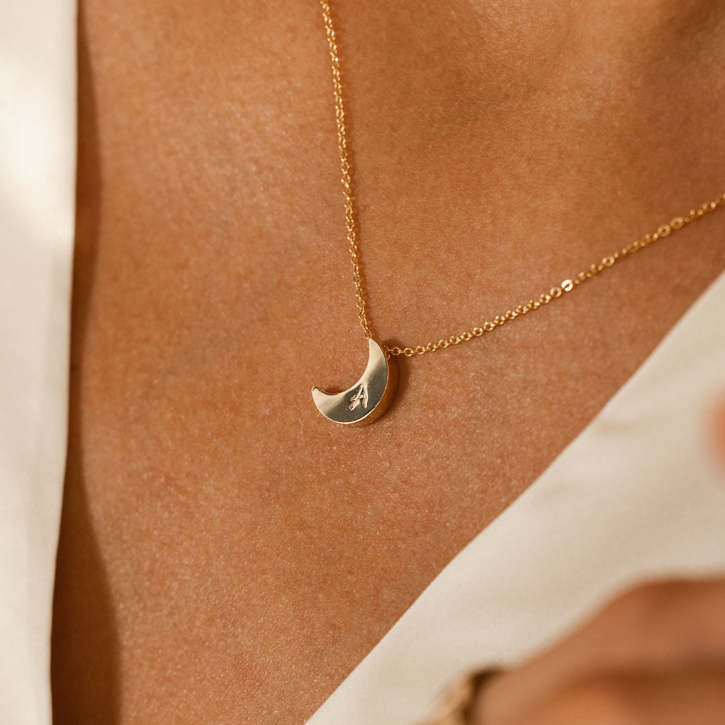 Dainty Initial Moon Necklace with Hand stamped - 16k Gold Silver Plated