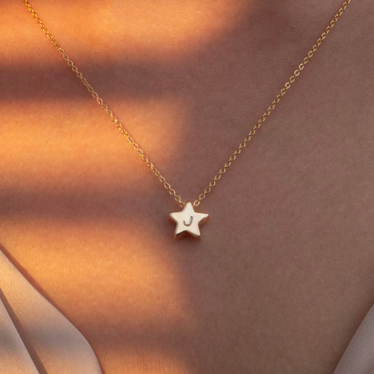 Dainty Initial Star Necklace with Hand stamped - 16k Gold Plated