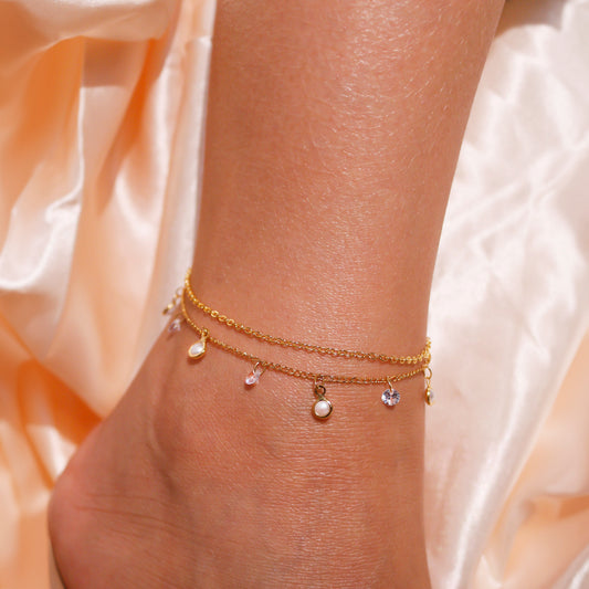 Pearl cubic anklet double layered anklets summer jewelry best gift for her anniversary