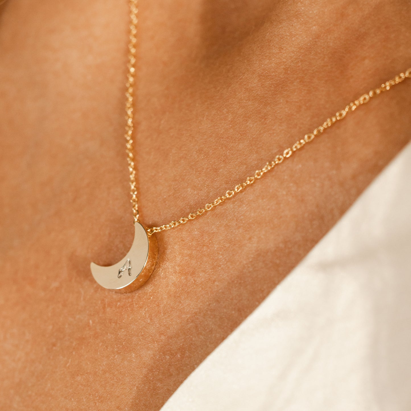 Gold Moon Necklace - Personalized your initial with hand-stamped