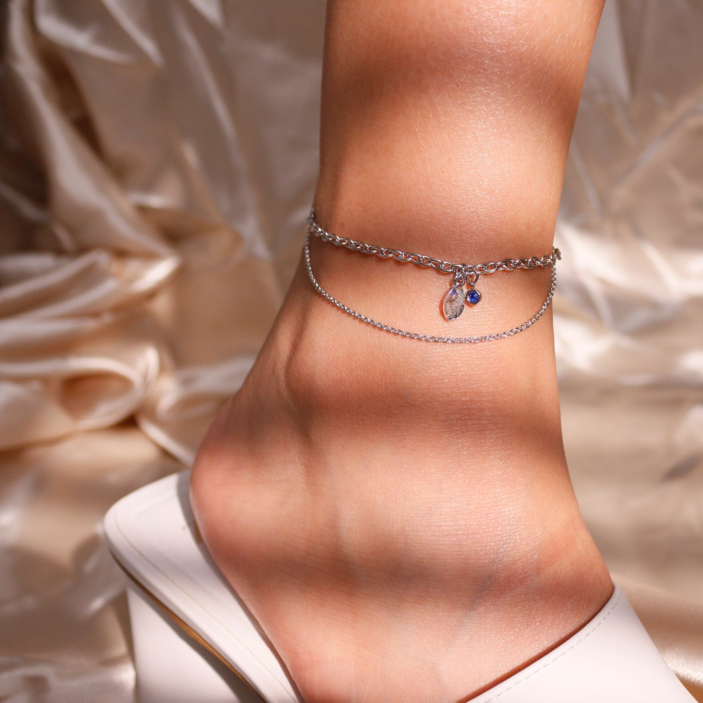 Bold double chain leaf anklet birthstone gold silver layering anklet best gift for her birth stone