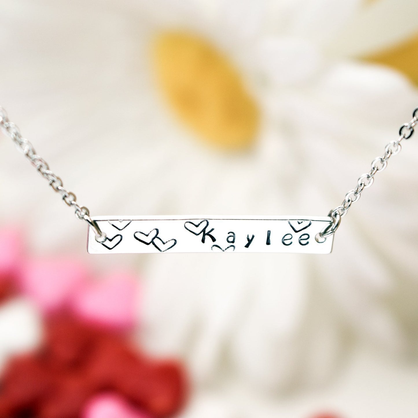 Flower , Heart Hand Stamped Necklace Custom Handmade Jewelry