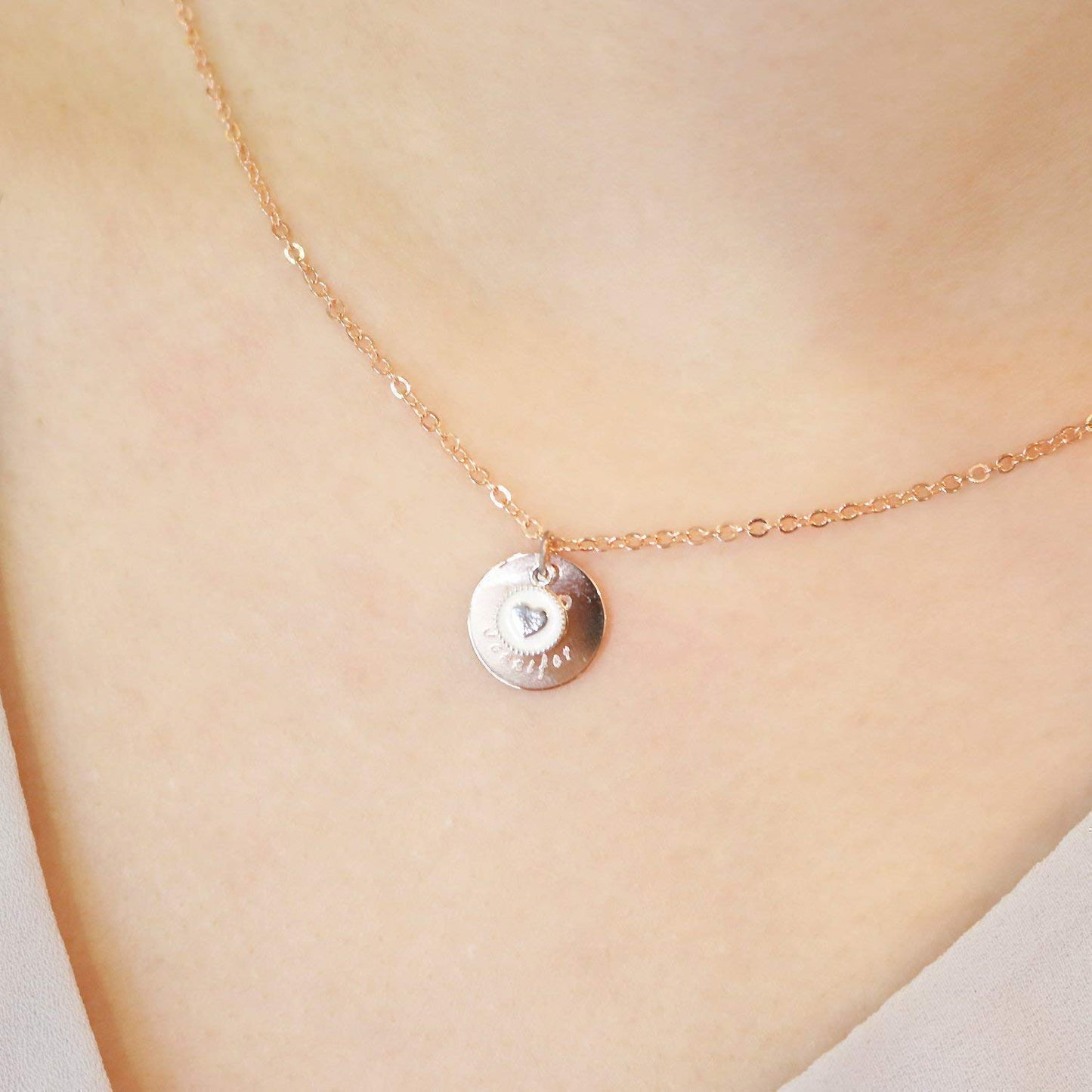 Coin Disc Necklace with heart charm - Personalized gift for birthday