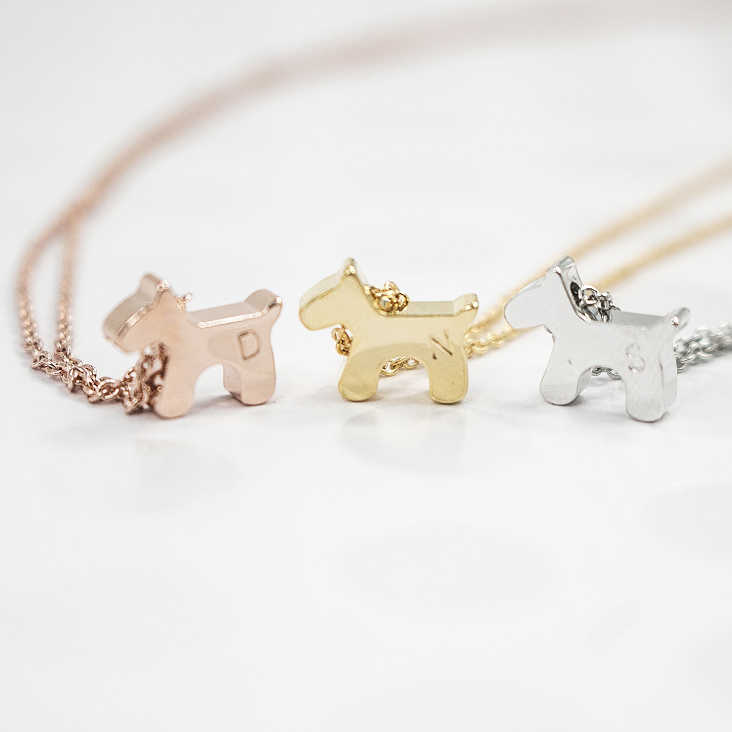 Dainty Initial Puppy Necklace with Hand stamped - 16k Gold Silver Plated