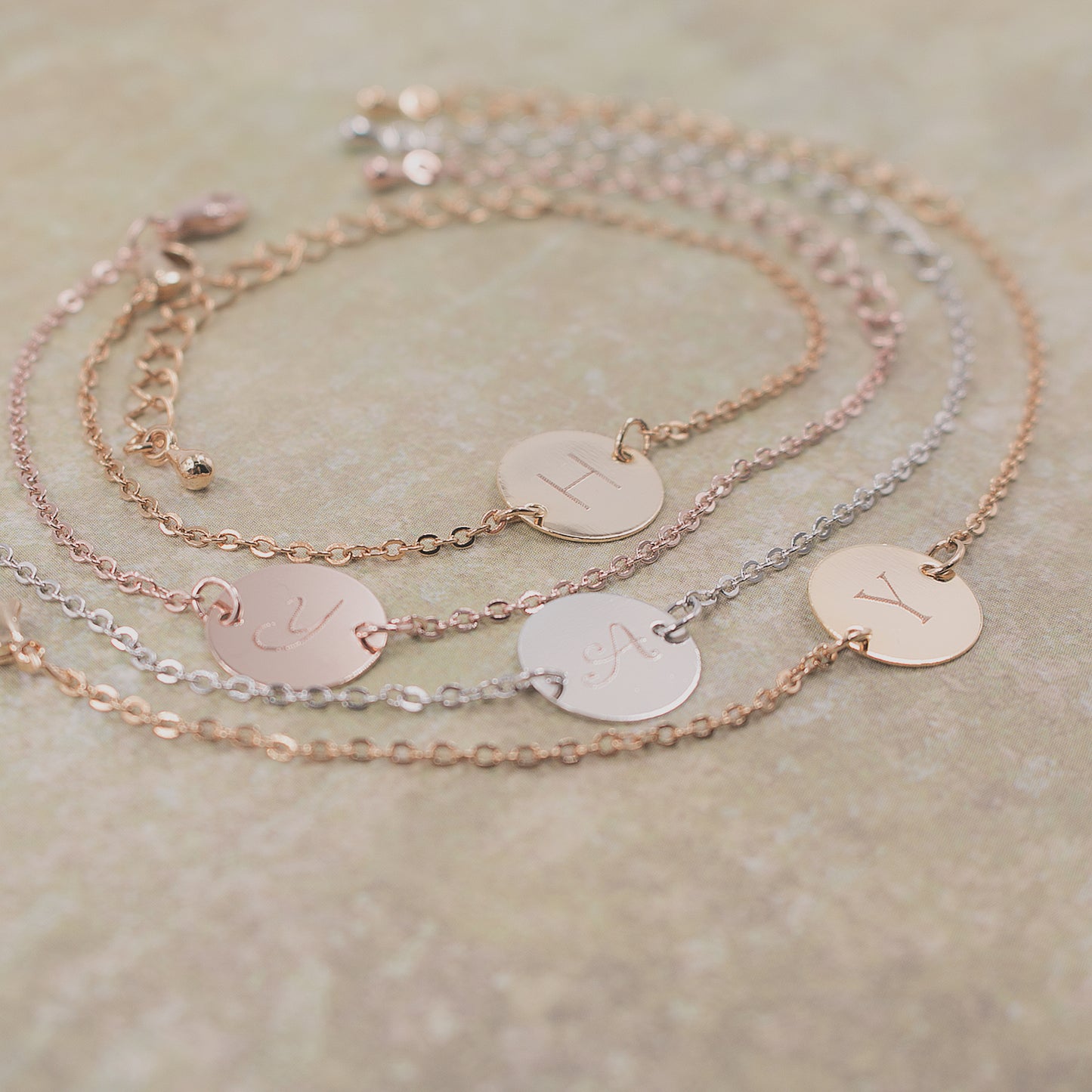 Personalized Initial Disc Bracelet - Hand stamped 16K Plated Dainty