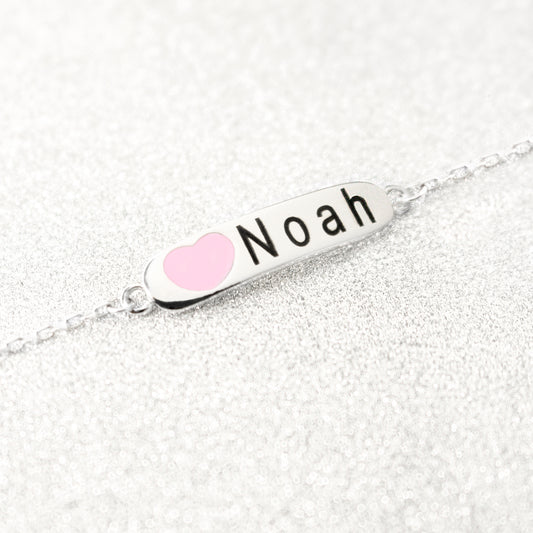 Child's Silver ID Bracelet With Pink Heart