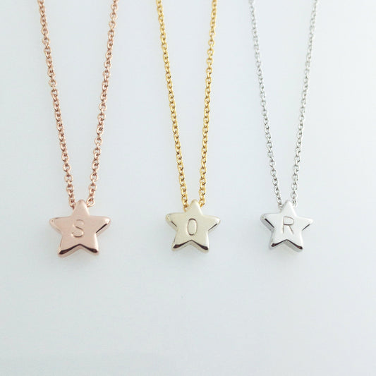 Dainty Initial Star Necklace with Hand stamped - 16k Gold Plated