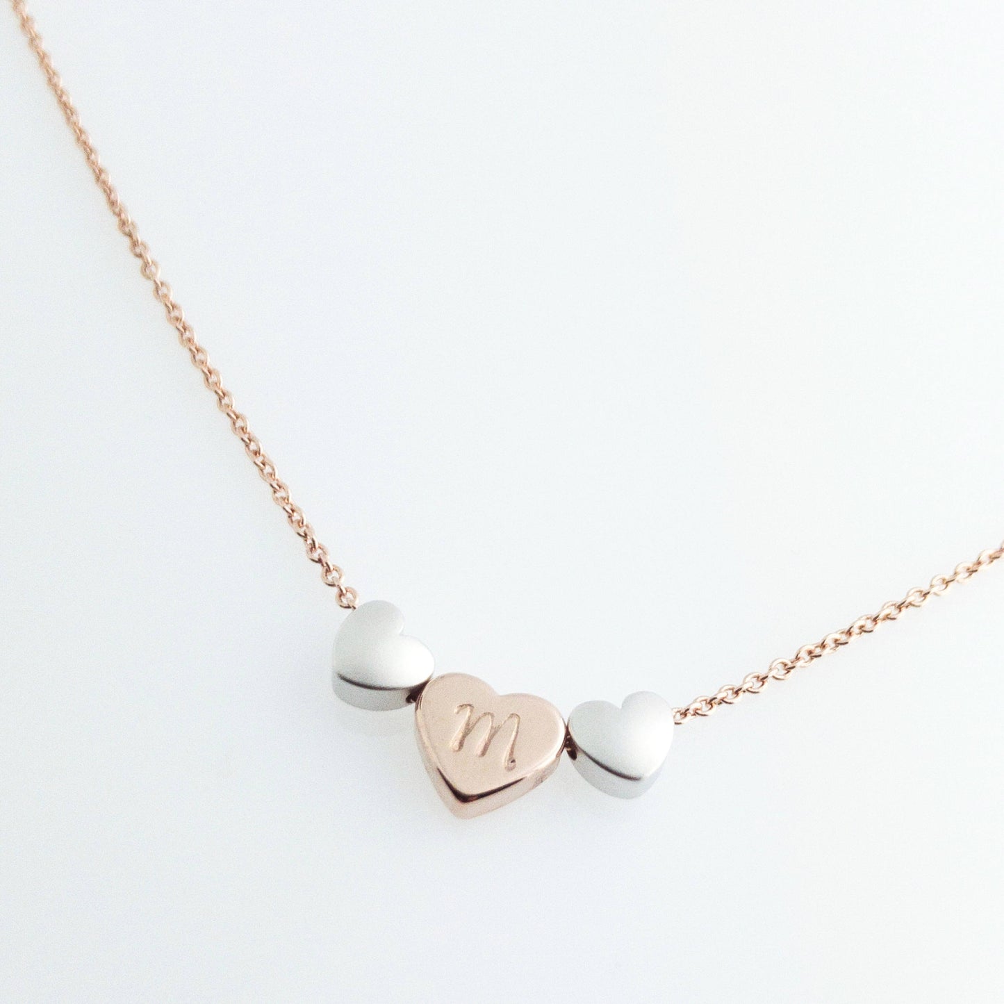 Triple Heart Initial Necklace - 16k Gold Plated, dainty Heart Charm