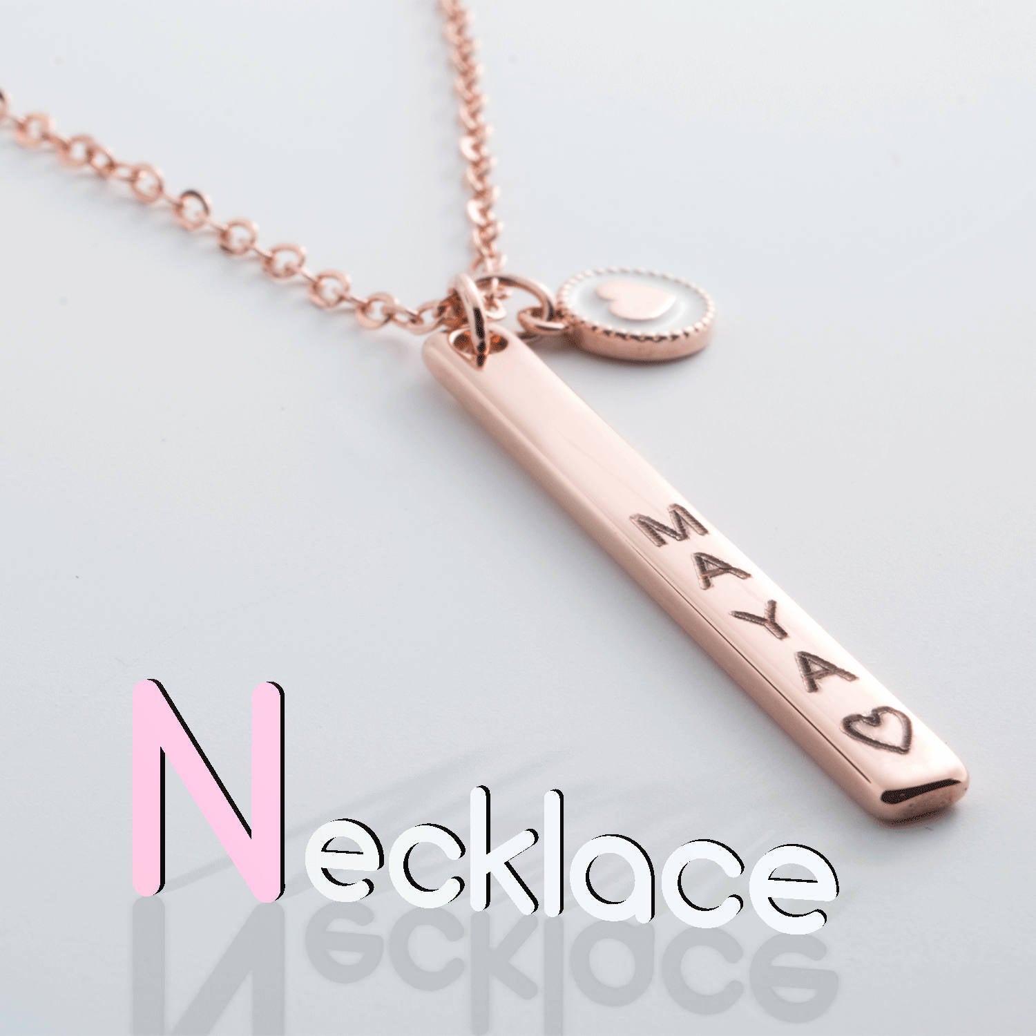 Personalized Vertical Name Bar Necklace with Heart Coin - Petite Boutique