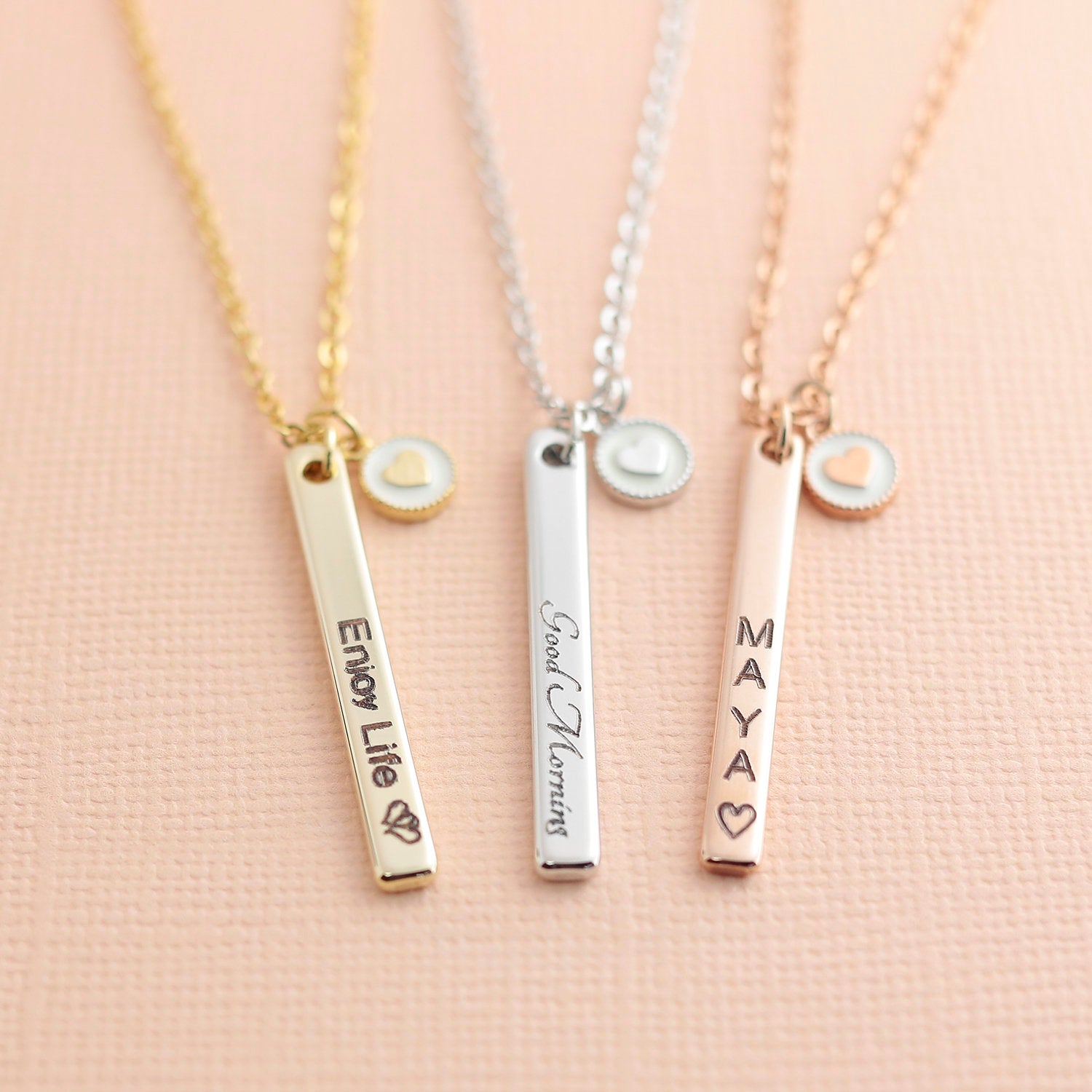 Personalized Vertical Name Bar Necklace with Heart Coin - Petite Boutique