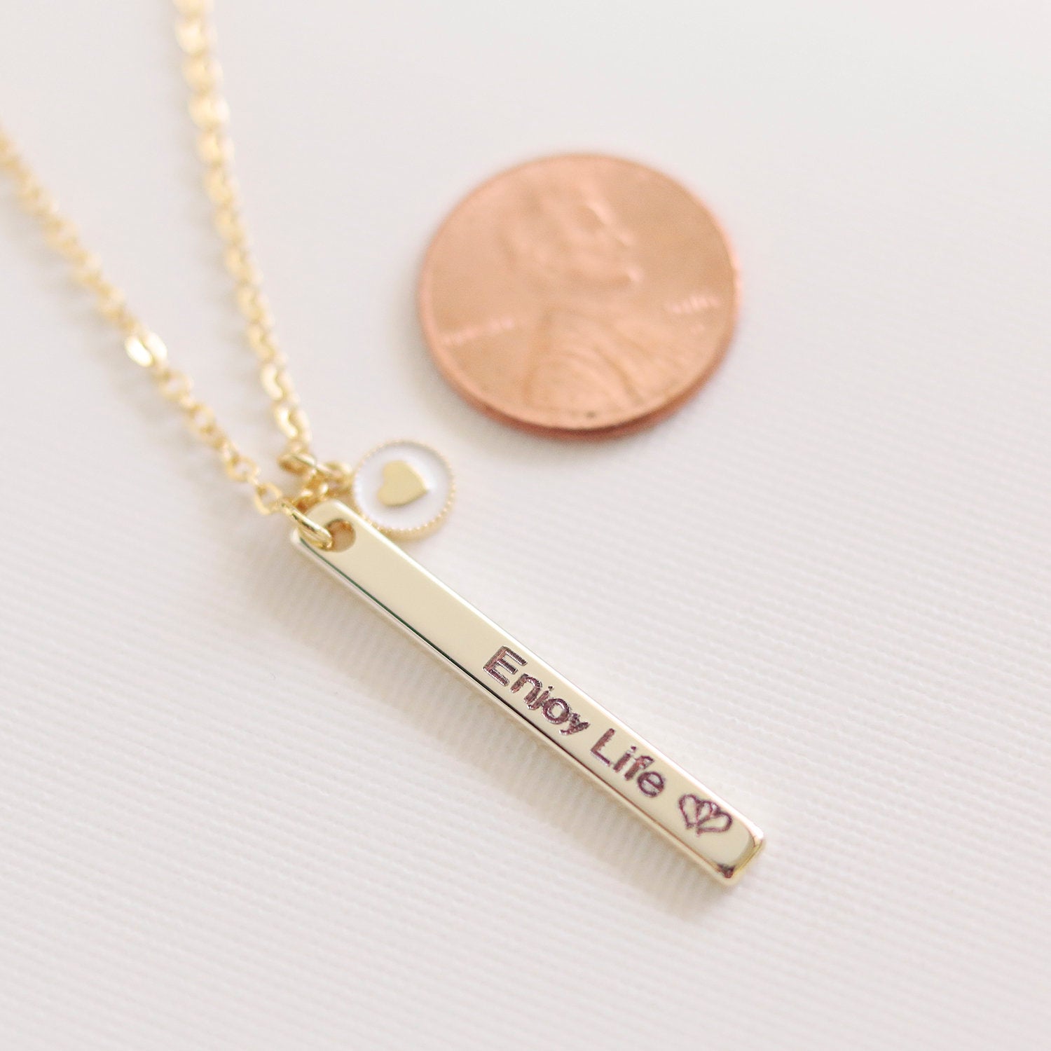 Personalized Vertical Name Bar Necklace with Heart Coin - Petite Boutique