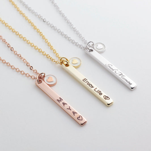 Personalized Vertical Name Bar Necklace with Heart Coin