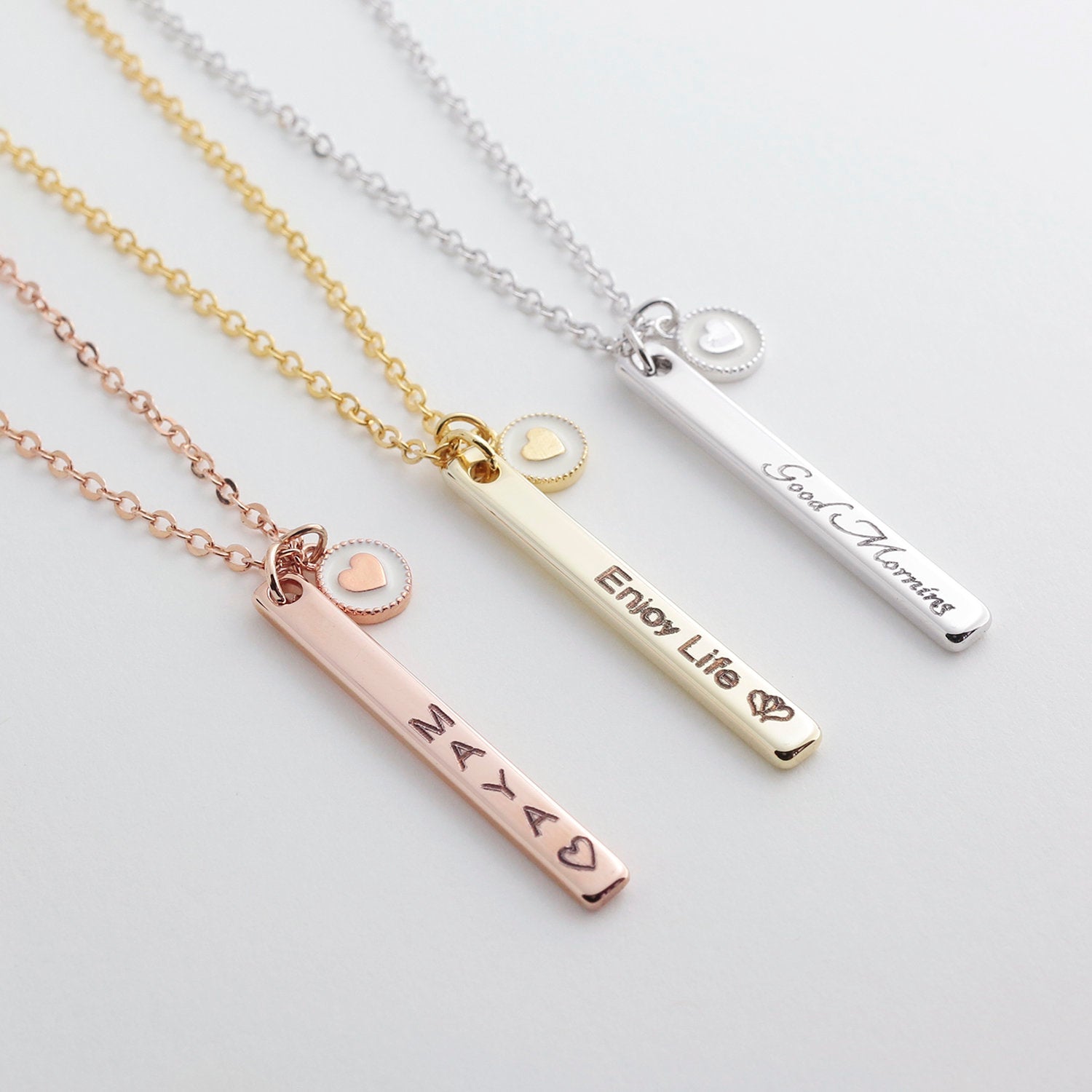 Personalized Vertical Name Bar Necklace with Heart Coin - Petite Boutique