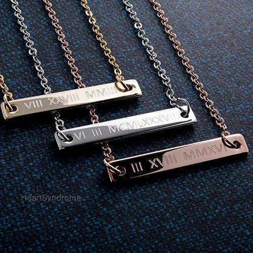 Engrave Roman Numerals Bar Necklace - Gold, Silver, Rose Gold Plated