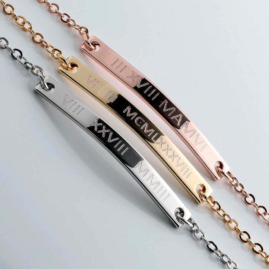 Roman Numeral Bracelet - Dainty Engraved Bar Bracelet