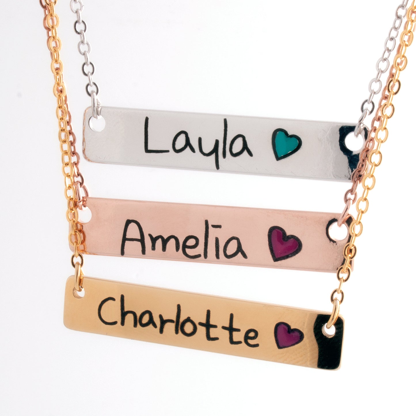 Color Heart Name Bar Necklace - 16k Gold, Silver Plated